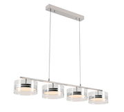 Moderne LED-Hängeleuchte mit vier zylindrischen Lampenschirmen aus Glas, seitliche Perspektive