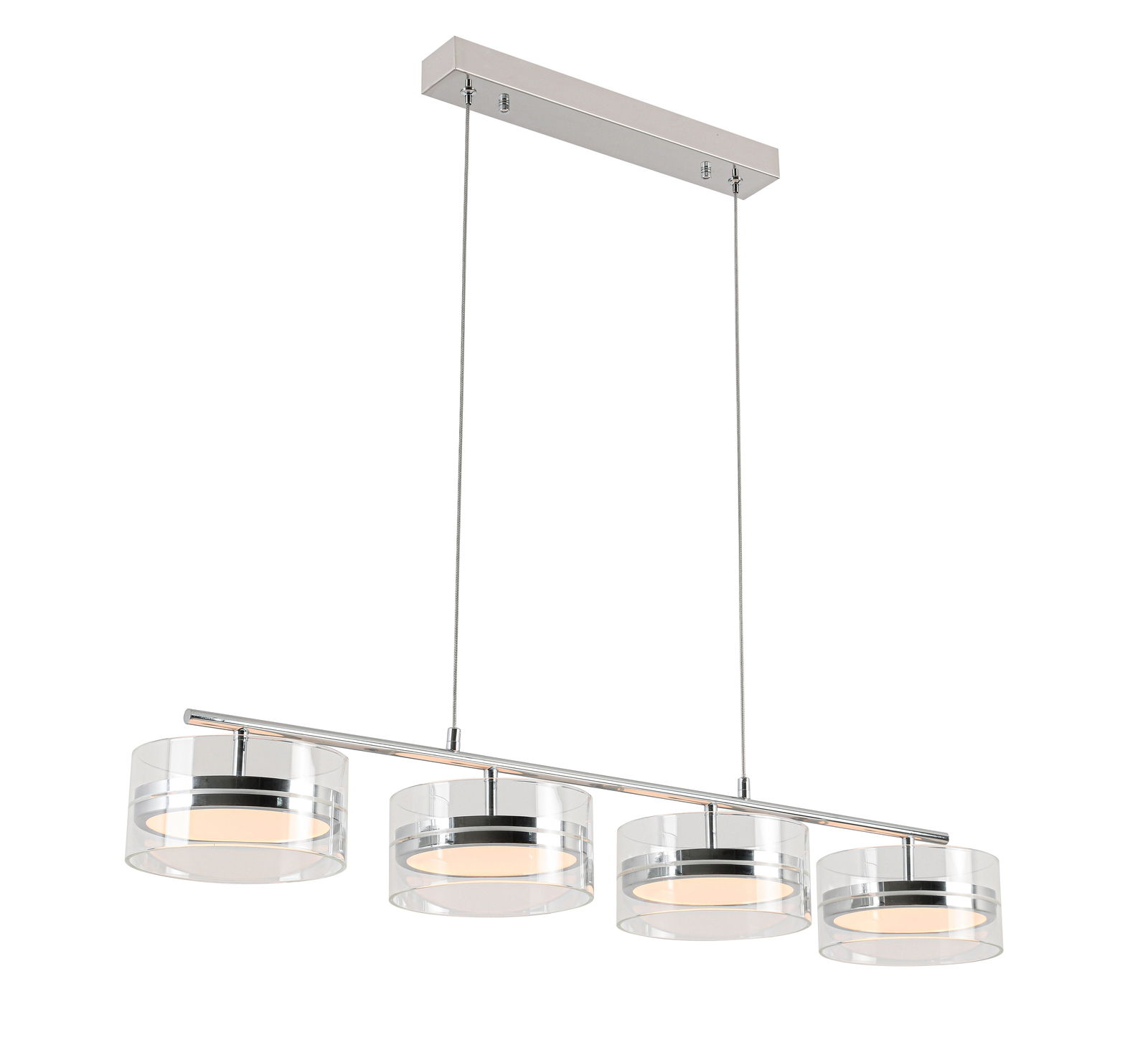 Moderne LED-Hängeleuchte mit vier zylindrischen Lampenschirmen aus Glas, seitliche Perspektive