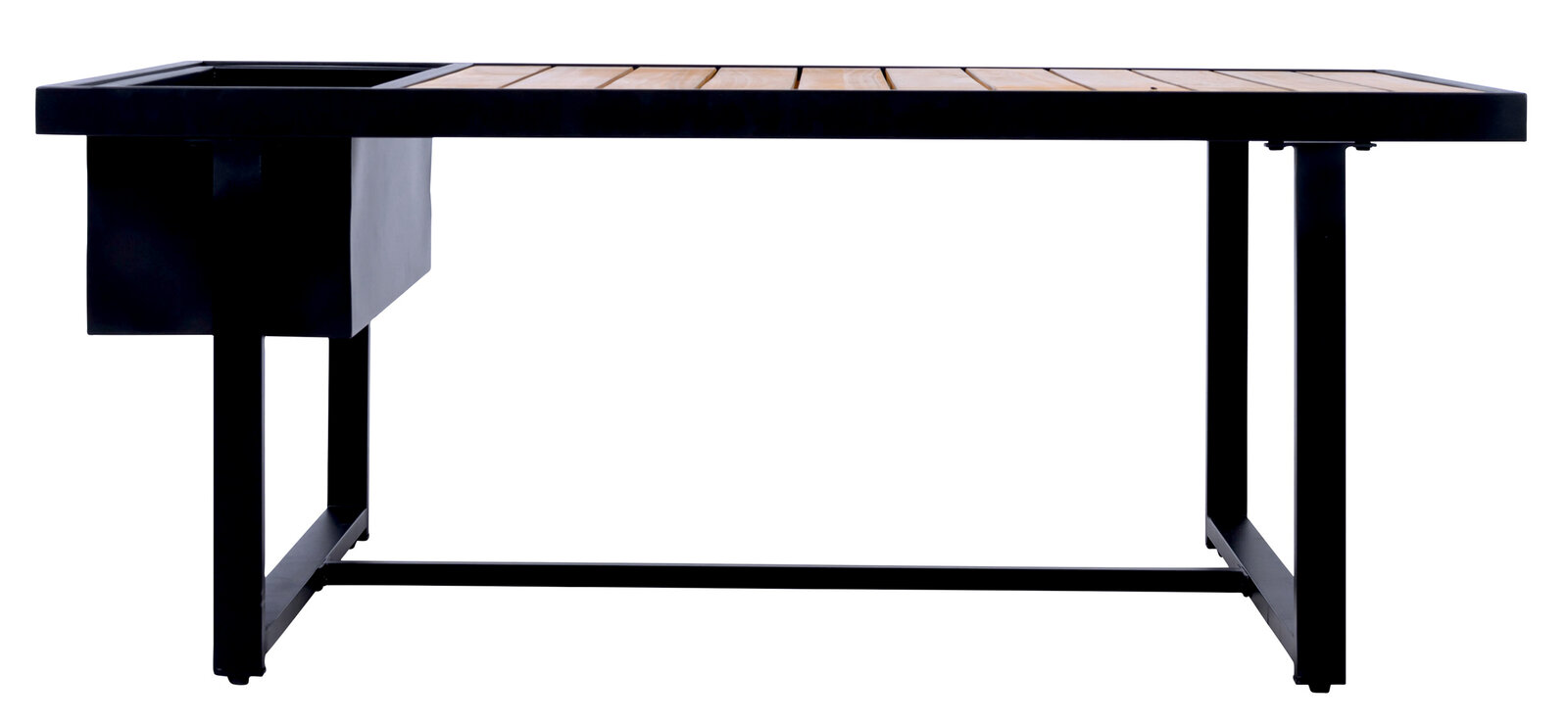 Moderner Lounge-Tisch mit schwarzem Metallrahmen und Holzplatte, seitliche Perspektive
