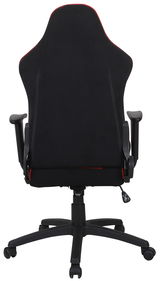 Rückansicht eines schwarzen Gaming-Stuhls mit roten Akzenten und verstellbaren Armlehnen.