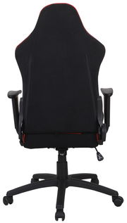 Rückansicht eines schwarzen Gaming-Stuhls mit roten Akzenten und verstellbaren Armlehnen.