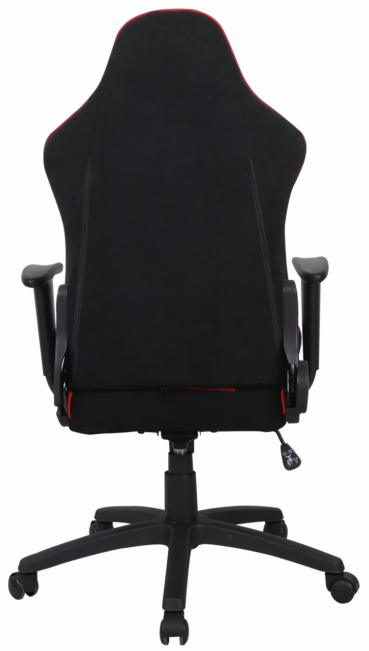 Rückansicht eines schwarzen Gaming-Stuhls mit roten Akzenten und verstellbaren Armlehnen.