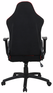 Rückansicht eines schwarzen Gaming-Stuhls mit roten Akzenten und verstellbaren Armlehnen.