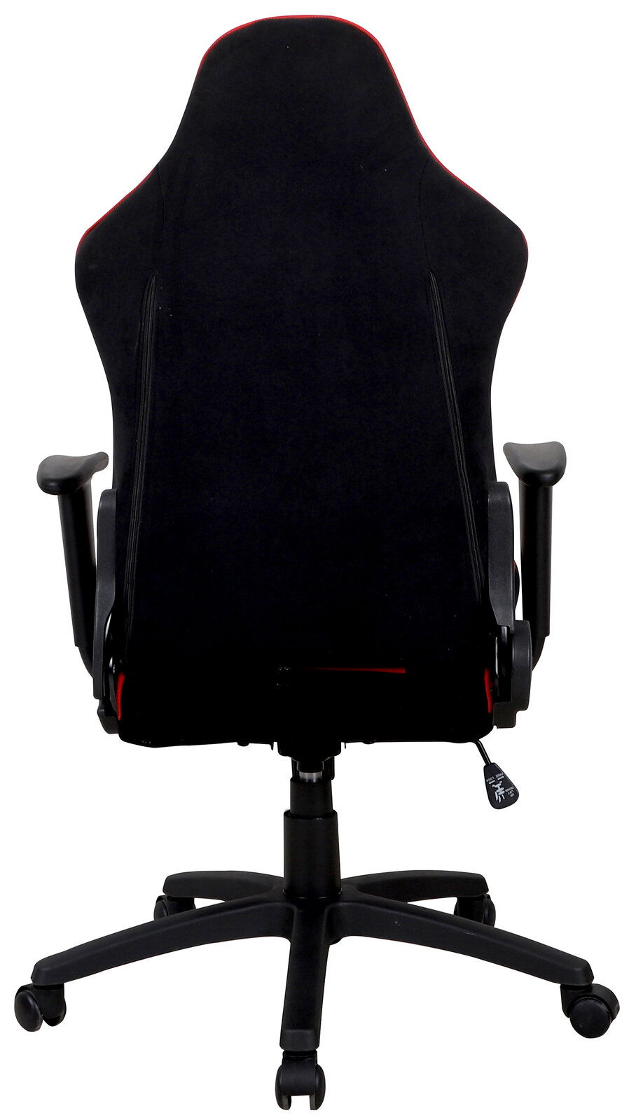 Rückansicht eines schwarzen Gaming-Stuhls mit roten Akzenten und verstellbaren Armlehnen.