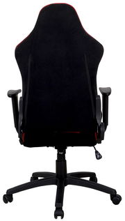 Rückansicht eines schwarzen Gaming-Stuhls mit roten Akzenten und verstellbaren Armlehnen.