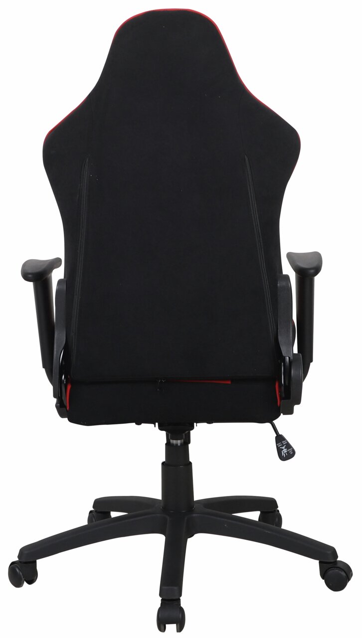 Rückansicht eines schwarzen Gaming-Stuhls mit roten Akzenten und verstellbaren Armlehnen.