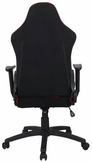 Rückansicht eines schwarzen Gaming-Stuhls mit roten Akzenten und verstellbaren Armlehnen.