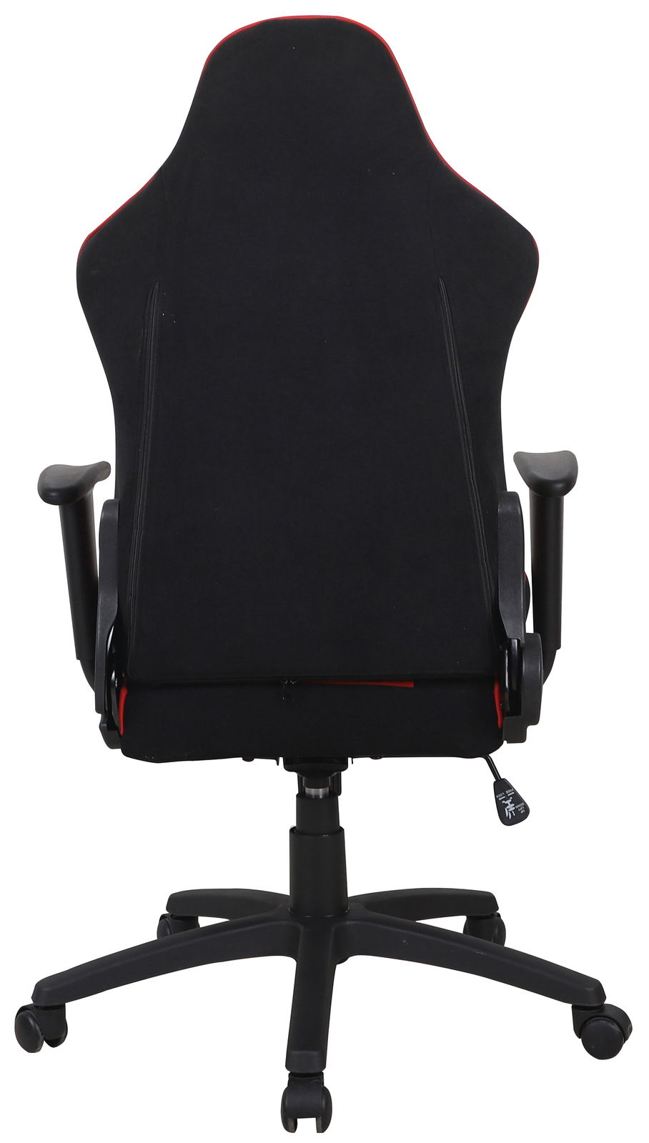 Rückansicht eines schwarzen Gaming-Stuhls mit roten Akzenten und verstellbaren Armlehnen.