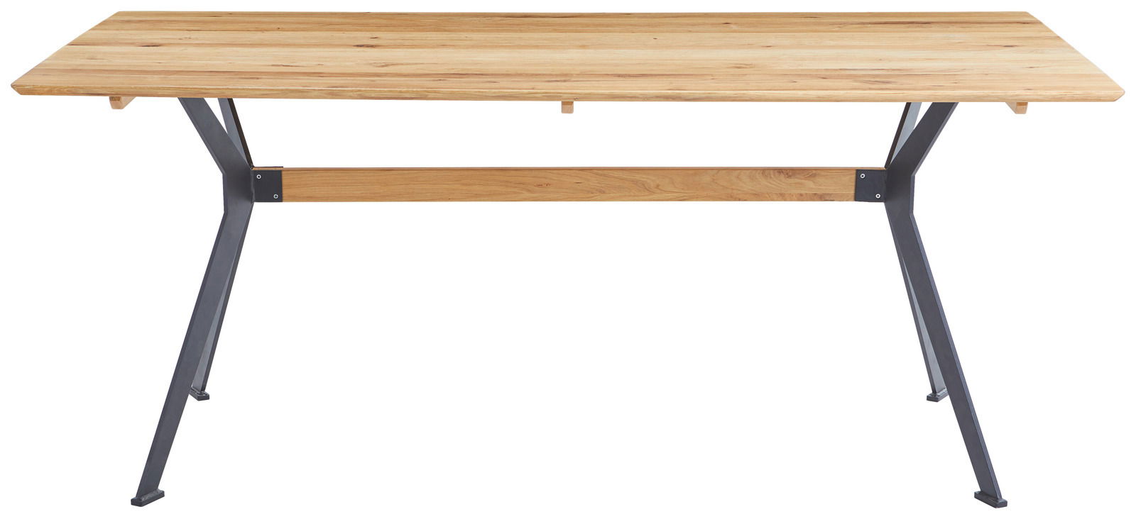 Moderner Esstisch aus Holz mit Metallbeinen, Frontalansicht