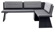 Moderne Eckbankgruppe in L-Form mit grauem Stoffbezug und dunklem Holzgestell, seitliche Perspektive
