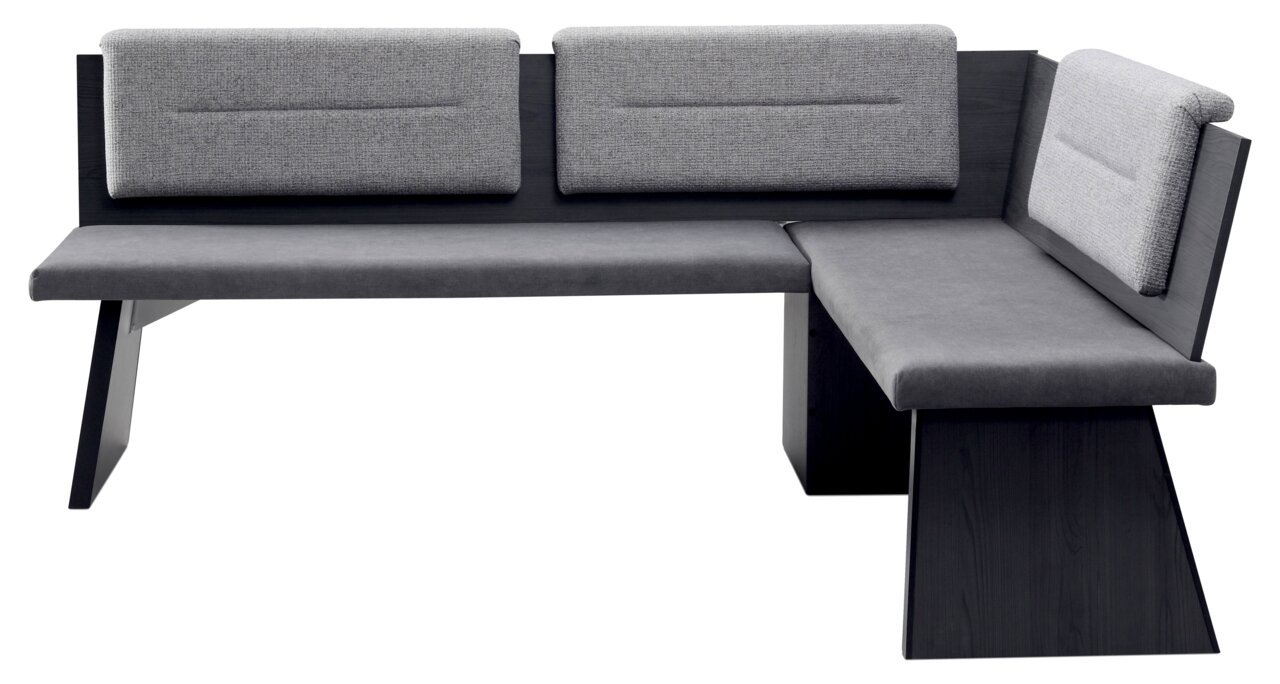 Moderne Eckbankgruppe in L-Form mit grauem Stoffbezug und dunklem Holzgestell, seitliche Perspektive