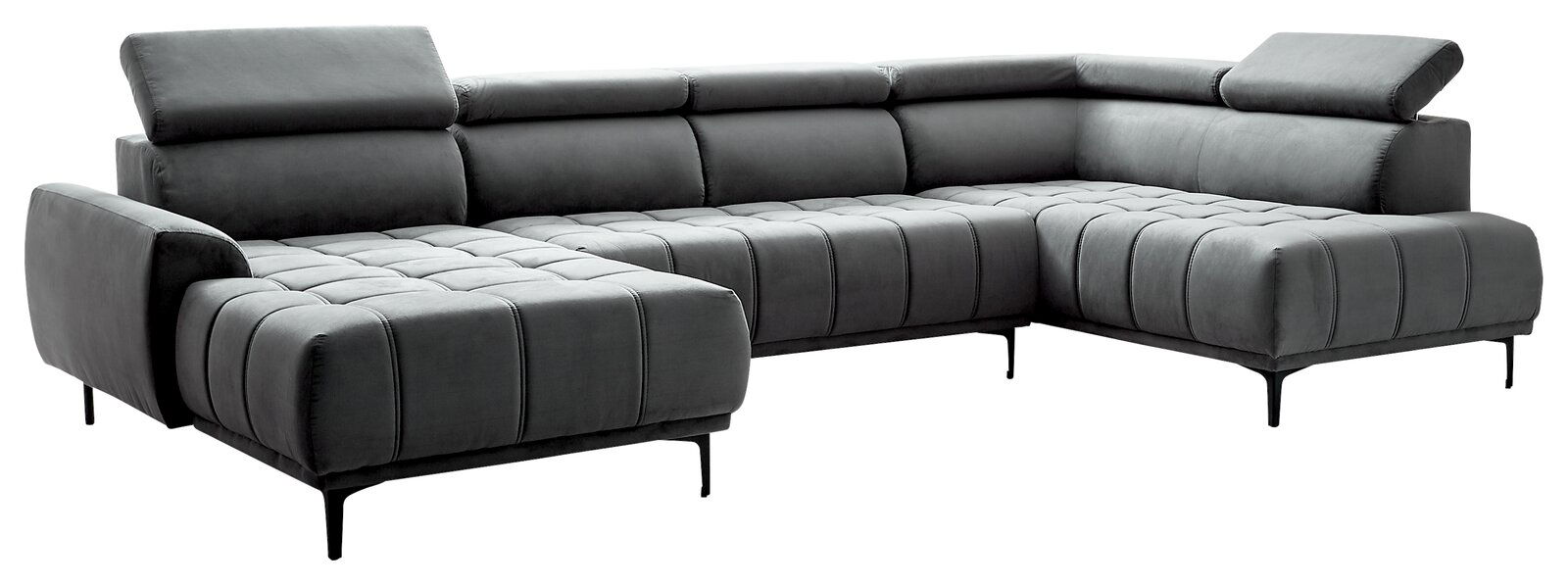 Graue Polsterrundecke in U-Form mit verstellbaren Kopfstützen, seitliche Perspektive