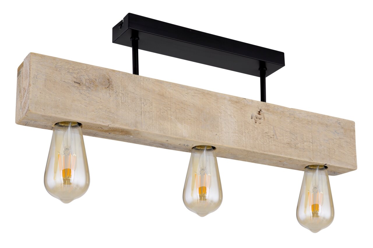 Deckenleuchte mit drei hängenden Glühbirnen, montiert an einem rustikalen Holzbalken, seitliche Perspektive