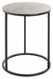 Runder Beistelltisch mit Metallgestell und gemusterter Tischplatte, seitliche Perspektive