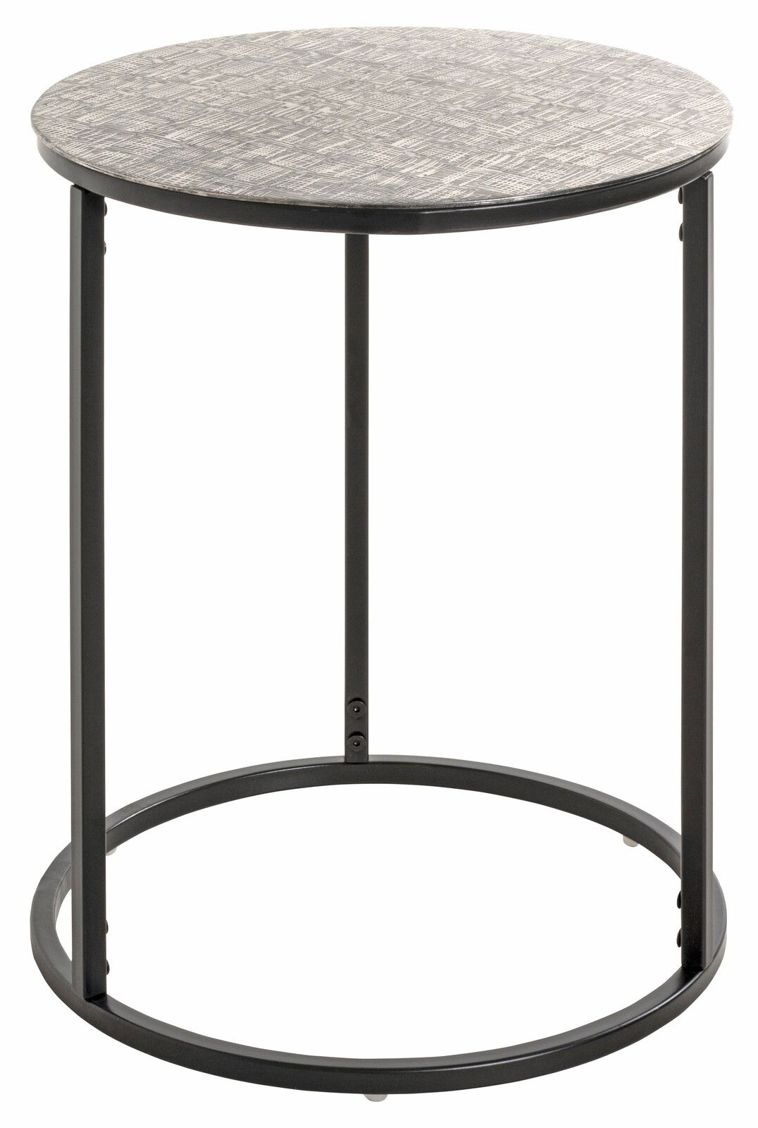 Runder Beistelltisch mit Metallgestell und gemusterter Tischplatte, seitliche Perspektive