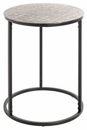 Runder Beistelltisch mit Metallgestell und gemusterter Tischplatte, seitliche Perspektive