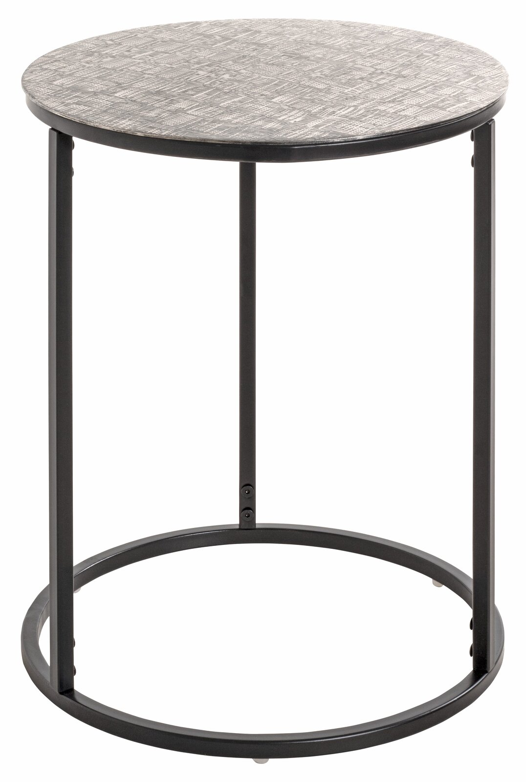 Runder Beistelltisch mit Metallgestell und gemusterter Tischplatte, seitliche Perspektive