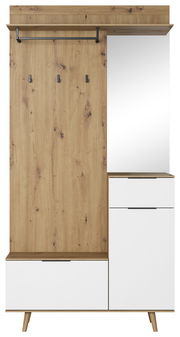 Frontale Ansicht einer Kompaktgarderobe mit Holzoptik, Spiegel, Kleiderstange und weißen Schubladen.