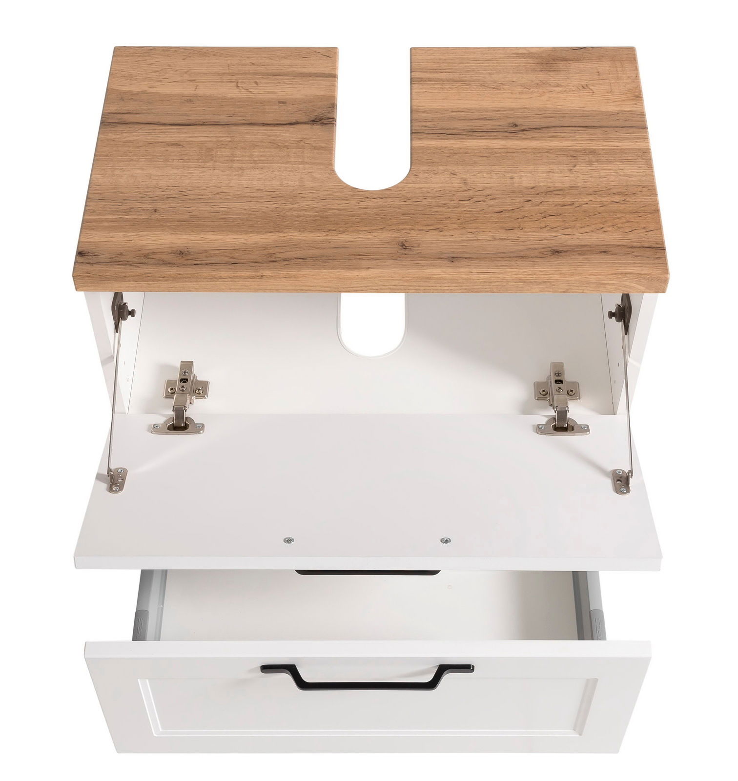 Waschbeckenunterschrank aus der Vogelperspektive mit Holzoberfläche und weißem Korpus, geöffnete Schublade und Klappe sichtbar.