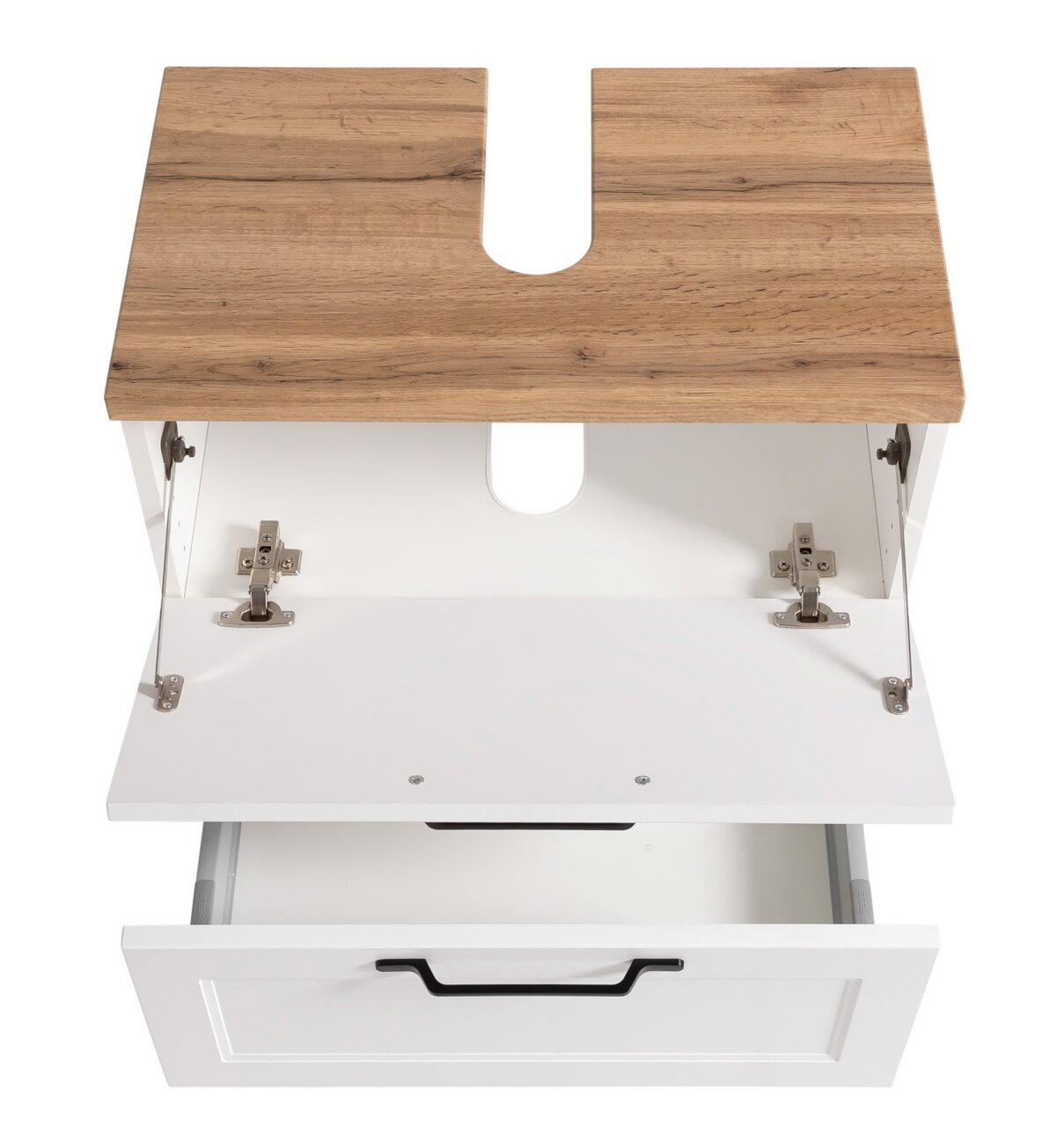 Waschbeckenunterschrank aus der Vogelperspektive mit Holzoberfläche und weißem Korpus, geöffnete Schublade und Klappe sichtbar.