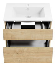 Waschtisch mit Holzschubladen, offene Schubladenansicht von vorne