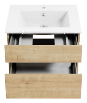 Waschtisch mit Holzschubladen, offene Schubladenansicht von vorne