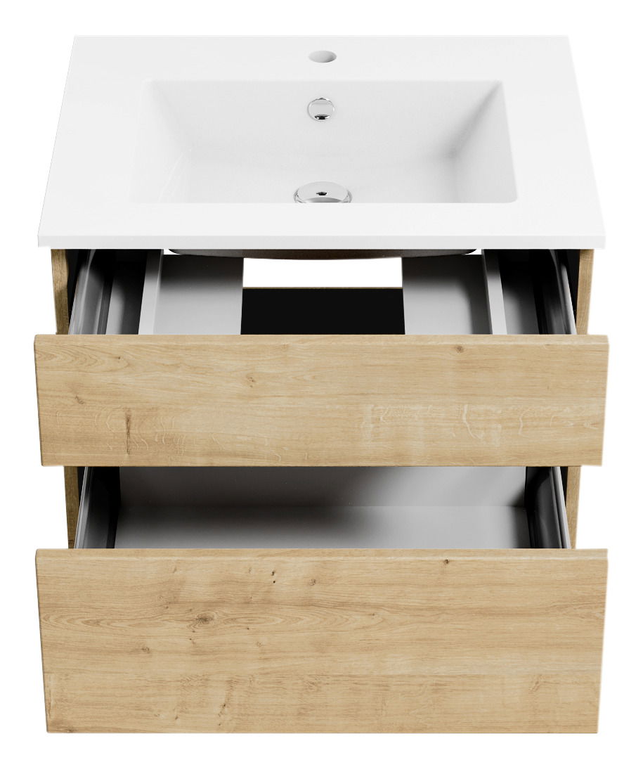 Waschtisch mit Holzschubladen, offene Schubladenansicht von vorne