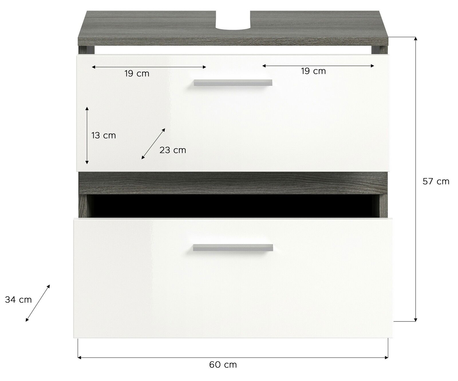 Frontansicht einer modernen Badkombination mit zwei Schubladen, weißem Finish und grauer Oberseite, Maße: 60 cm Breite, 57 cm Höhe, 34 cm Tiefe.