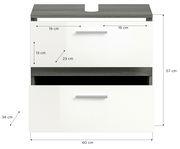 Frontansicht einer modernen Badkombination mit zwei Schubladen, weißem Finish und grauer Oberseite, Maße: 60 cm Breite, 57 cm Höhe, 34 cm Tiefe.