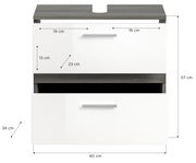 Frontansicht einer modernen Badkombination mit zwei Schubladen, weißem Finish und grauer Oberseite, Maße: 60 cm Breite, 57 cm Höhe, 34 cm Tiefe.