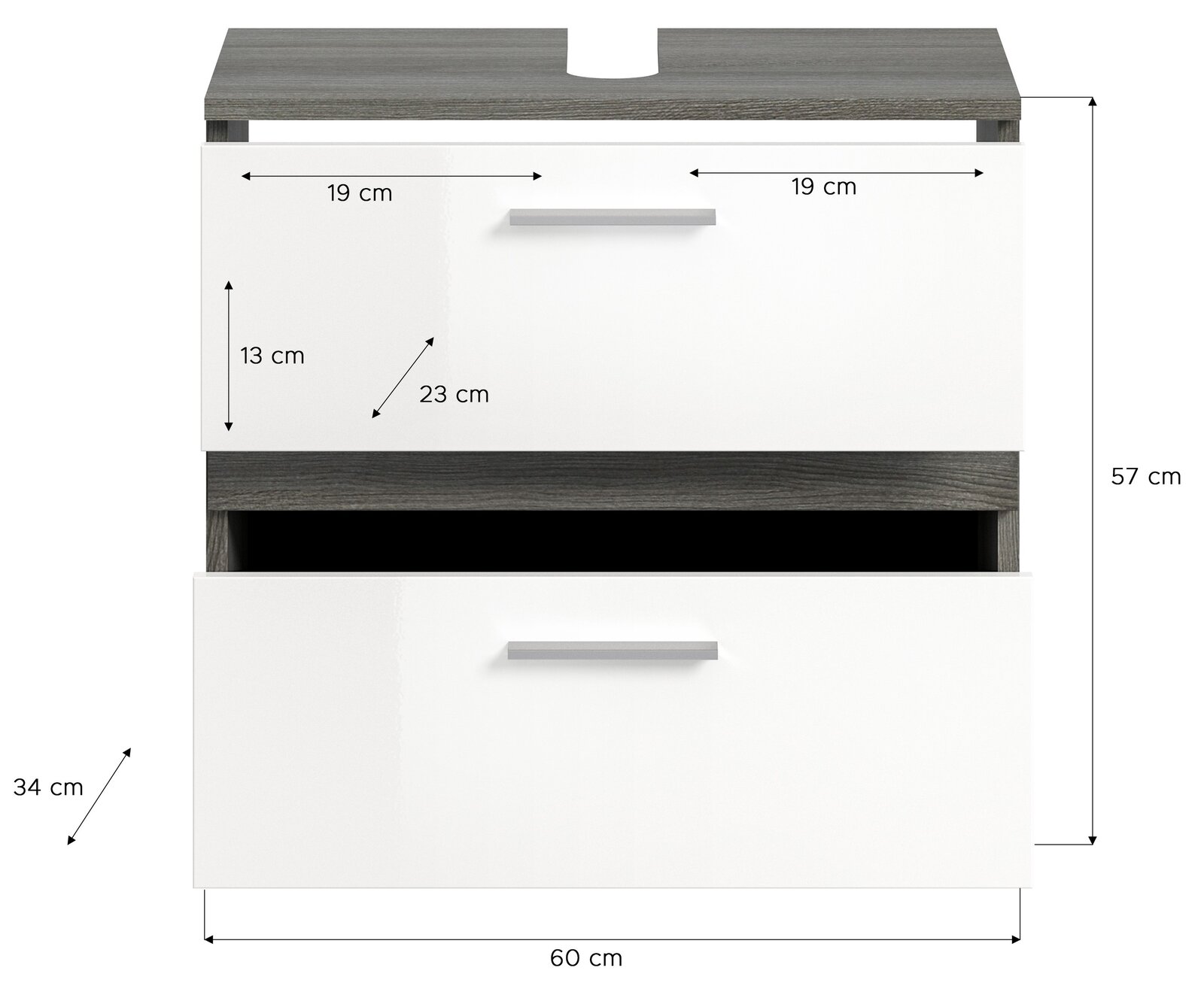 Frontansicht einer modernen Badkombination mit zwei Schubladen, weißem Finish und grauer Oberseite, Maße: 60 cm Breite, 57 cm Höhe, 34 cm Tiefe.