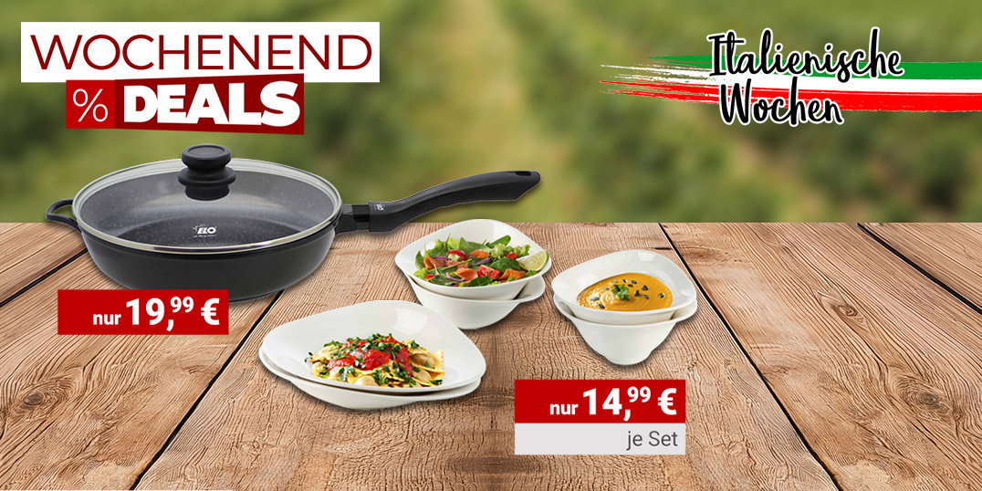 Wochenend-Deals: Pfanne und Geschirr-Set im Angebot, italienische Wochen, vor Landschaft mit See und Weinbergen