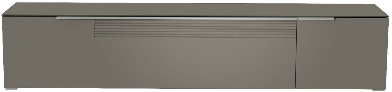 Moderano XL TV-Lowboard BORMIO Frontansicht eines grauen XL TV-Lowboards mit moderner, glatter Oberfläche und horizontalen Linien auf der linken Tür.