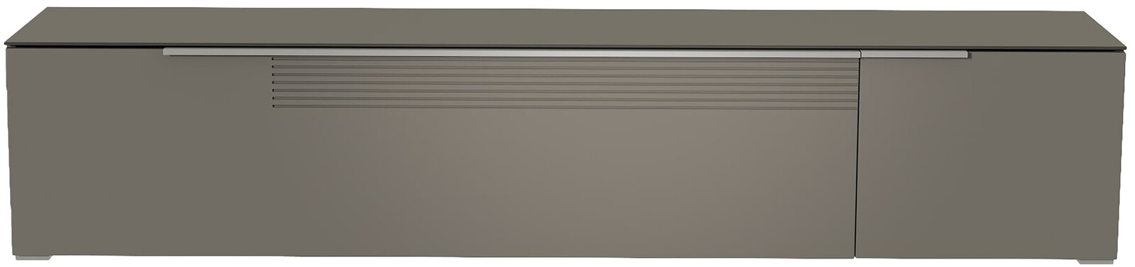 Frontansicht eines grauen XL TV-Lowboards mit moderner, glatter Oberfläche und horizontalen Linien auf der linken Tür.