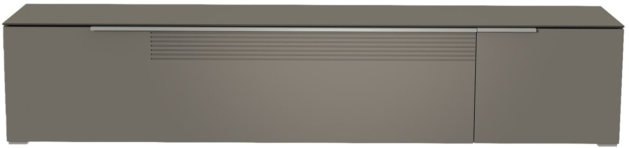 Frontansicht eines grauen XL TV-Lowboards mit moderner, glatter Oberfläche und horizontalen Linien auf der linken Tür.