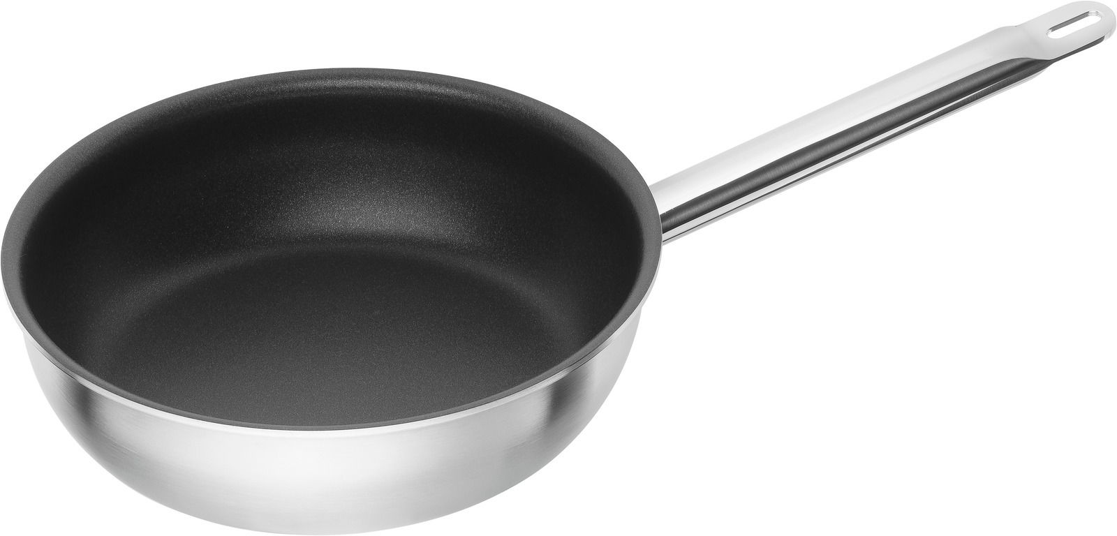 Edelstahlpfanne mit Antihaftbeschichtung, seitliche Perspektive
