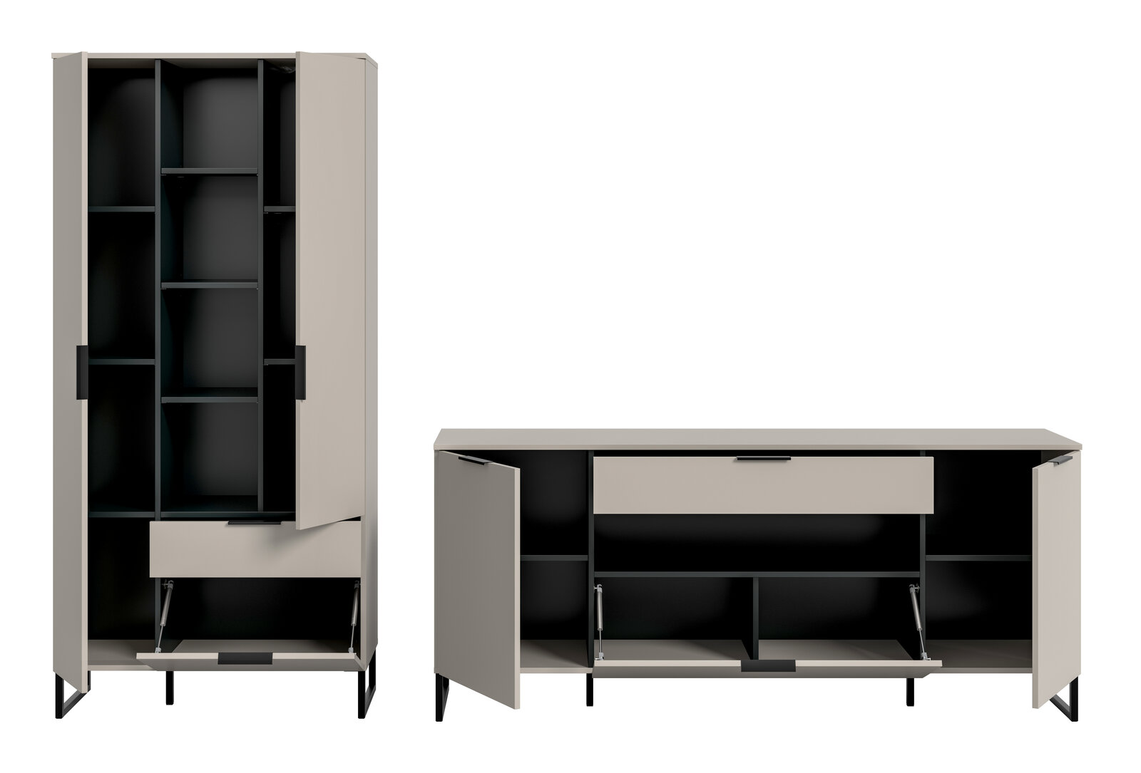 Modernes Schrank-Set in Beige mit schwarzen Innenfächern und Metallfüßen, bestehend aus hohem Vitrinen-/Stauraumschrank und breitem Sideboard mit geöffneten Türen und Klappen, Frontansicht