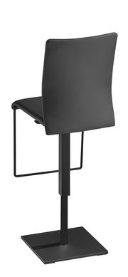 Rückansicht eines modernen Tresenhockers mit schwarzem Sitz und Rückenlehne, auf einem stabilen Metallgestell.