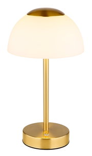 Elegante Tischleuchte mit goldfarbenem Gestell und weißem, halbkugelförmigem Lampenschirm, seitliche Perspektive