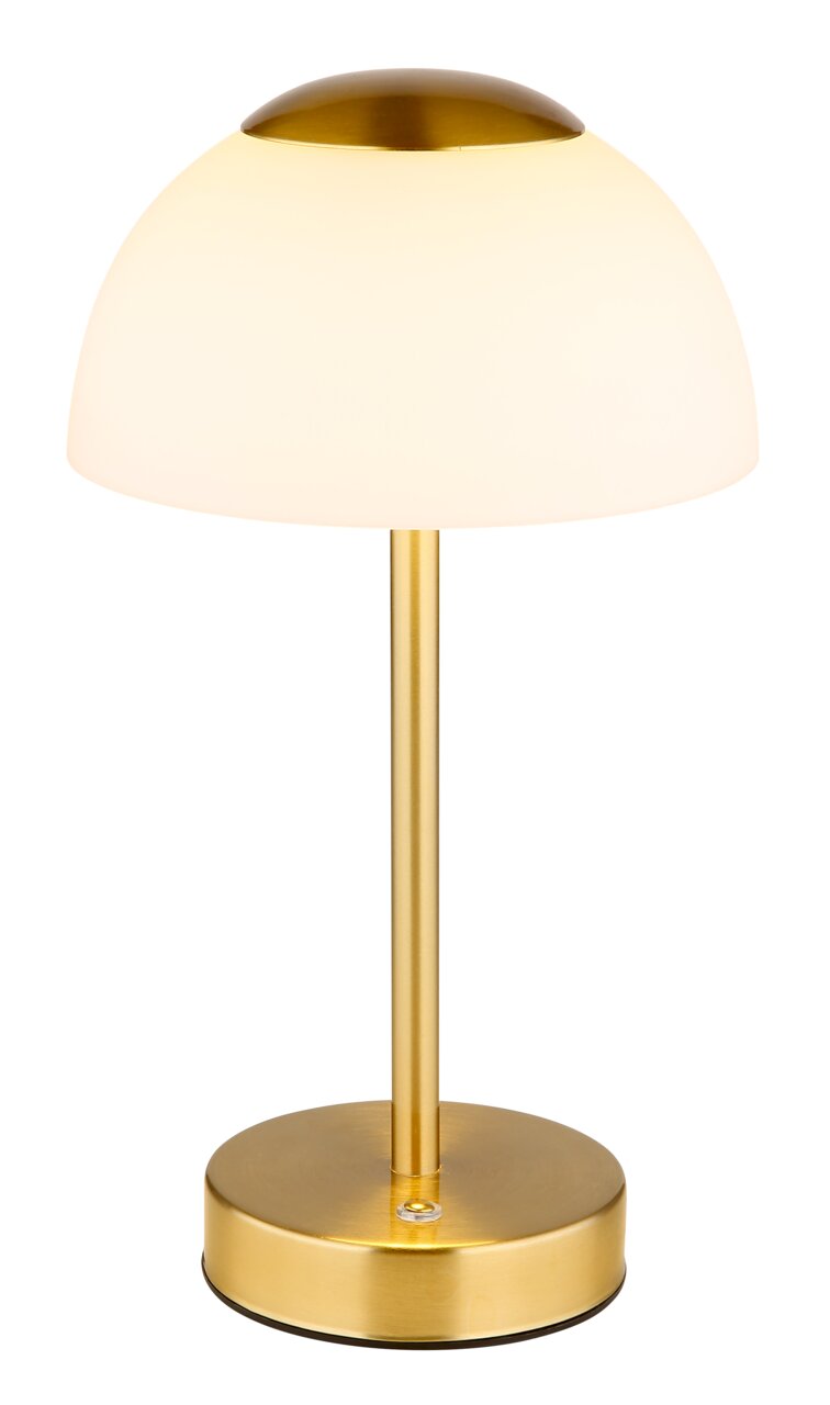 Elegante Tischleuchte mit goldfarbenem Gestell und weißem, halbkugelförmigem Lampenschirm, seitliche Perspektive