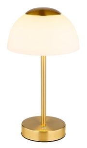 Elegante Tischleuchte mit goldfarbenem Gestell und weißem, halbkugelförmigem Lampenschirm, seitliche Perspektive