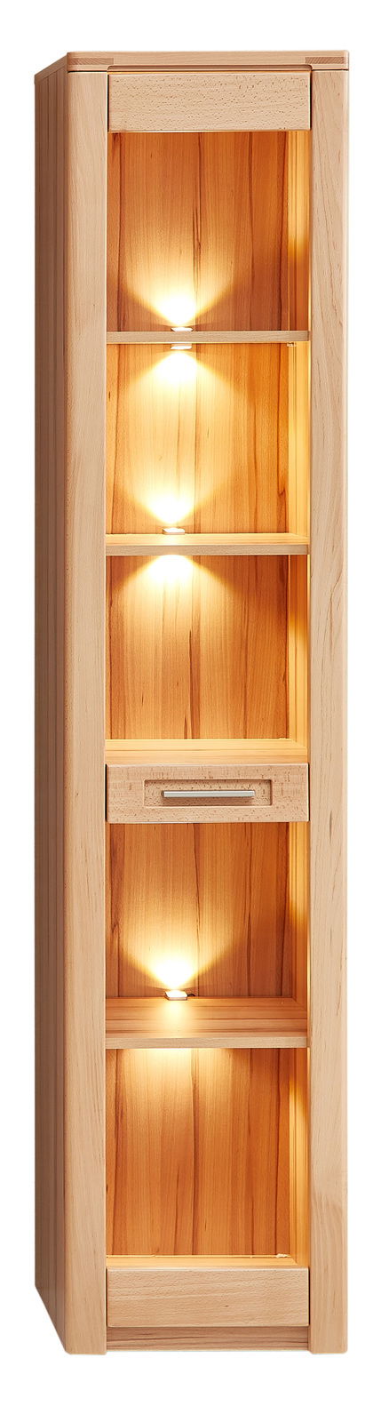 Z2 Vitrine schmal NATURE ONE Schmale Vitrine aus Holz mit mehreren beleuchteten Regalböden, frontal betrachtet.