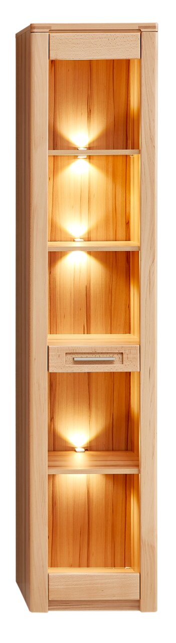 Schmale Vitrine aus Holz mit mehreren beleuchteten Regalböden, frontal betrachtet.