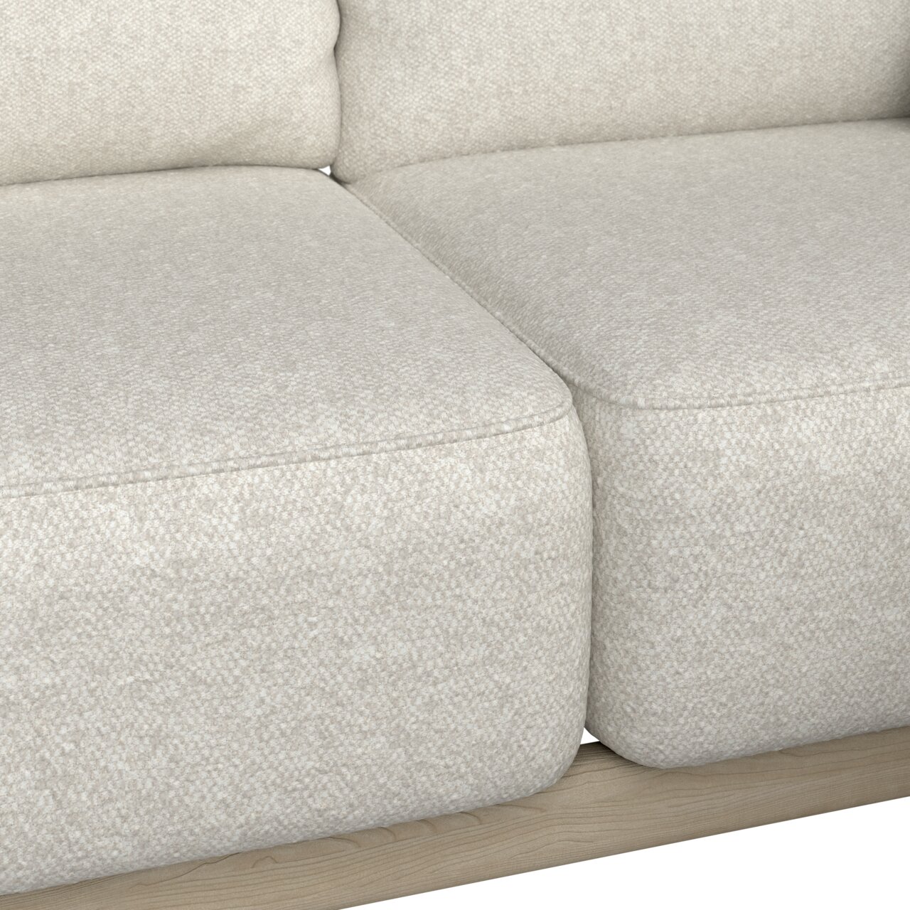 Nahaufnahme einer Loungeeckgarnitur in hellem Stoff, seitliche Perspektive