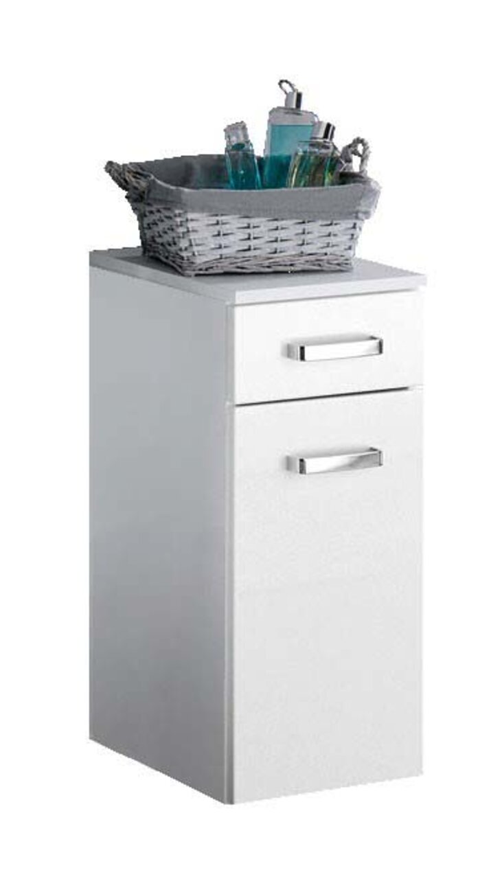 Weißer Unterschrank mit einer Schublade und einer Tür, darauf ein grauer Korb mit Pflegeprodukten, Perspektive von vorne.