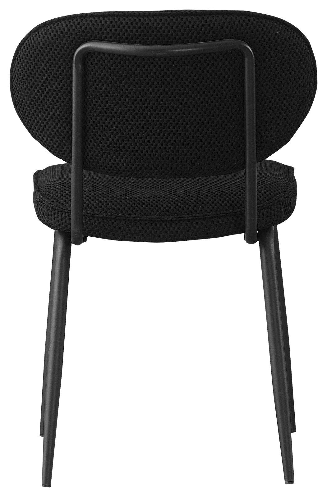 BOXXX Stuhl PETER Rückansicht eines schwarzen Stuhls mit gepolsterter Sitzfläche und Rückenlehne, Metallrahmen und vier Beinen.
