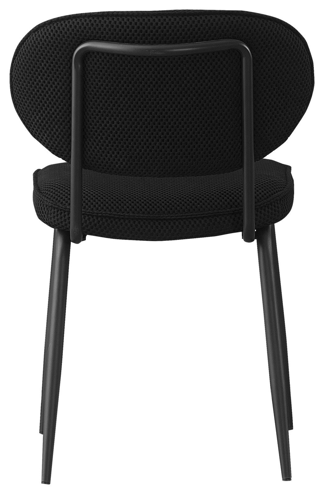 Rückansicht eines schwarzen Stuhls mit gepolsterter Sitzfläche und Rückenlehne, Metallrahmen und vier Beinen.