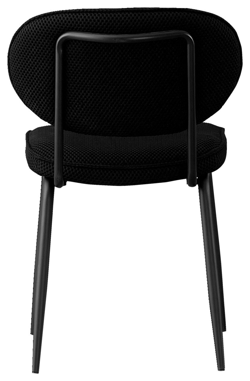 BOXXX Stuhl PETER Rückansicht eines schwarzen Stuhls mit gepolsterter Sitzfläche und Rückenlehne, Metallrahmen und vier Beinen.