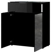 Schwarze Kommode mit einer offenen Schublade oben und zwei offenen Türen unten, die zwei Regalböden zeigen, Frontalansicht