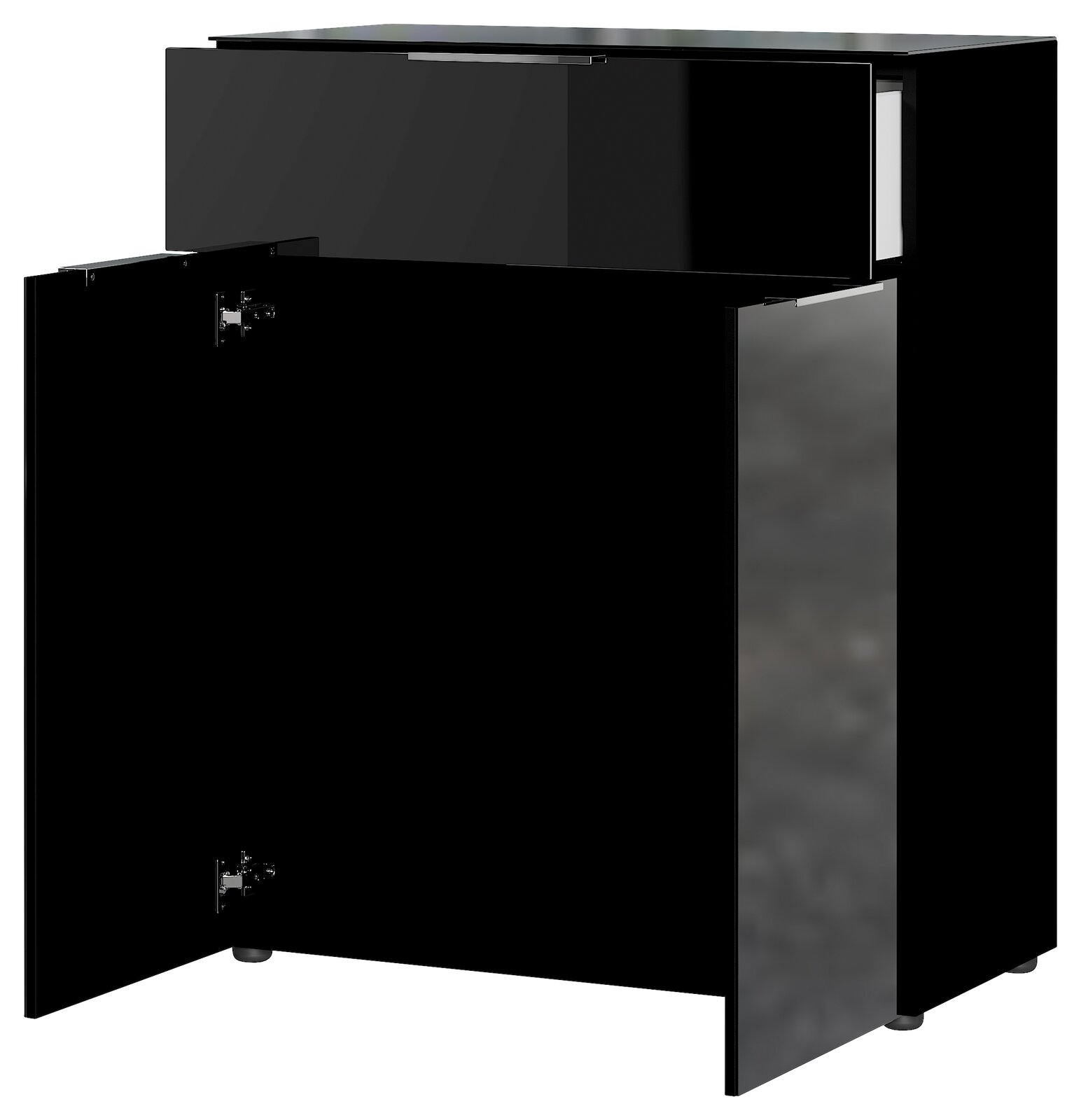 Schwarze Kommode mit einer offenen Schublade oben und zwei offenen Türen unten, die zwei Regalböden zeigen, Frontalansicht